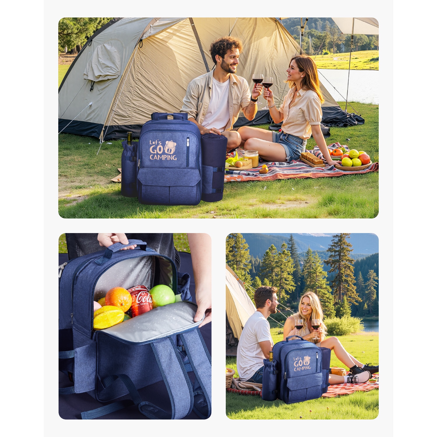 Beach Picnic Backpack Bag For 4 Person With Cooler Compartment Navy Blue_voghion.com